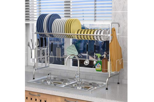 Over the Sink Dish Drying Rack, Veckle Large Rack Stainless Steel Drainer Easy Install Non-Slip Dish Dryer Utensil Holder