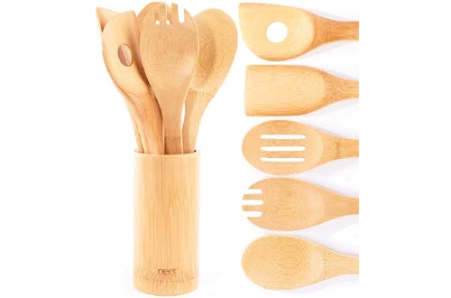 Organic Bamboo Cooking & Serving Utensil Set By Neet - 6 Piece Set | Spoon & Spatula Mix | Utensil Holder Organizer