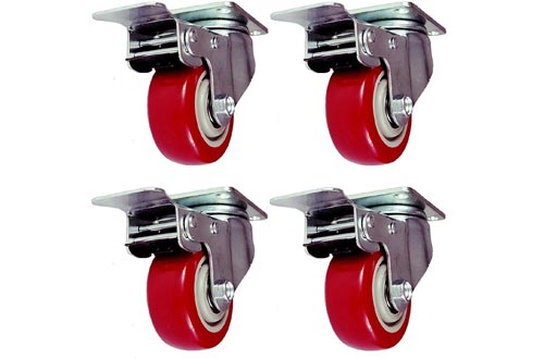 Online Best Service 4 Pack Caster Wheels Swivel Plate with Brake On Red Polyurethane Wheels