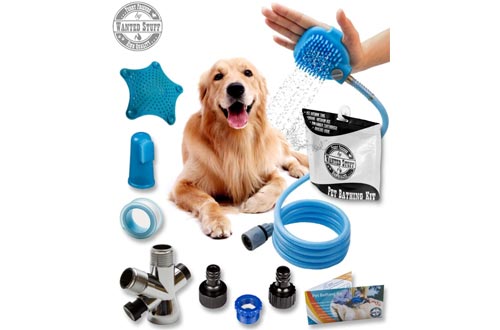  Roll over image to zoom in Wantedstuff 3 in 1 Pet Shower Kit with Free Dental Finger Brush | Dog Shower Sprayer, Adjustable Bath Glove, Clean, Massage & Remove Hair | Shower Attachment for Indoor & Outdoor Use | Pet-Friendly