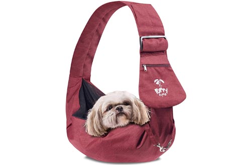 Puppy Eyes Waterproof Pet Carrier Sling Comfortable and Adjustable Dog Sling Ideal for Small and Medium Dogs up to 16 Pounds - Lightweight and Easy-Care Dog Carrier with Safety Mesh and Safety Leash