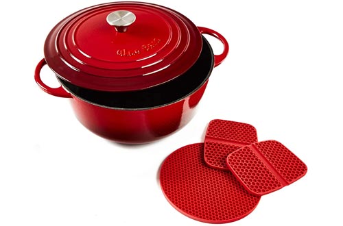  Uno Casa Enameled Cast Iron Dutch Oven with Lid - 6 Quart Enamel Coated Cookware Pot with Silicone Handles and Mat
