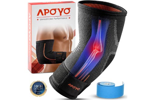APOYO Elbow Compression Sleeve - Elbow Brace for Tendonitis, Tennis Elbow, Golf Elbow, Weightlifting, More, with Adjustable Strap & Bonus Elastic Therapeutic Tape, Great for Workouts & Sports.