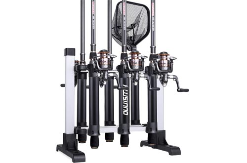 PLUSINNO Portable Fishing Rod Rack, Fishing Rod Holder Storage Organizer, Metal Aluminum Alloy Fishing Pole Ground Stand Display for Freshwater Salterwater Combos Gear Garage, Holds Up to 6 Rods