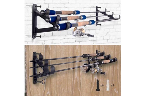 Horizontal Rod Rack for Fishing Rod Wall Rack Storage-Ultra Sturdy Strong Weatherproof Holds 3 Rods- Space Saving for Fishing Rods，Hiking Poles, Ski Poles, Hockey Sticks and Cue