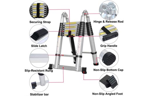 16.5FT Telescopic Folding Ladder Extension Aluminum 2.5M+2.5M A-Frame 5M Straight Ladder Telescoping Portable Foldable Anti-Slip Steps Multi-Purpose With Support Bar EN131 Safe Standard MAX Load 330LB