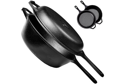 Pre-Seasoned Cast Iron 2-In-1 Multi Cooker - 3-Quart Oven and Skillet Lid Set Oven Safe Cookware - Use As Dutch Oven and Frying Pan - Indoor and Outdoor Use - Grill, Stovetop, Induction Safe