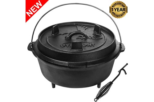 Overmont Camp Dutch Oven 14x14x8.3in All-round Cast Iron Casserole Pot Dual Function Lid Skillet Pre Seasoned with Lid Lifter Handle for Camping Cooking BBQ Baking