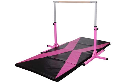  Polar Aurora Gym Gymnastics Training Bar AdjustaPIe Height Horizontal Bar Sturdy Gymnastic for Kids with 4' x 10' Gymnastic Mat Set (Pink&Rose-Black Mat)