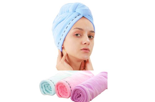  3 Pack Microfiber Hair Towel Wrap BEoffer Super Absorbent Twist Turban Fast Drying Hair Caps with Buttons Bath Loop Fasten Salon Dry Hair Hat Pink Blue Purple