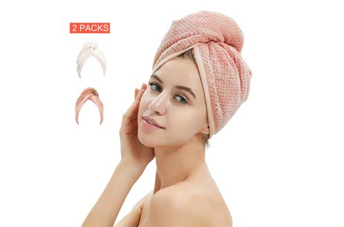  M-bestl 2 Pack Hair Towel Wrap,Hair Drying Towel with Button, Microfibre Hair Towel, Dry Hair Hat, Bath Hair Cap (Pink&Beige)