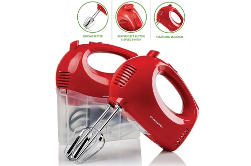 Ovente Electric Hand Mixer with 5 Speed Ultra Mixing Power and Snap-On Storage Case, 2 Stainless Steel Beater Attachments, Compact and Light, 150 Watts Perfect for Home Use, Red (HM151R)