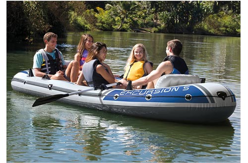 Intex Excursion 5, 5-Person Inflatable Boat Set with Aluminum Oars and High Output Air Pump