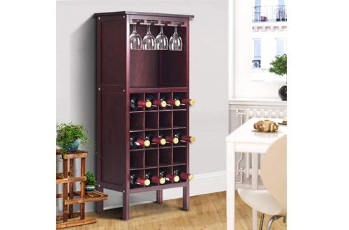Giantex 20 Bottle Wine Cabinet Wood Wine Rack Bottle Holder Storage Display Shelf Wine Bottle Organizer w/Glass Hanger