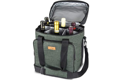 Freshore Insulated Wine Carrier 6 bottle Bag Tote Removable Padded Divider - Portable Travel Padded Cooler Carrying Canvas Case Adjustable Shoulder Strap