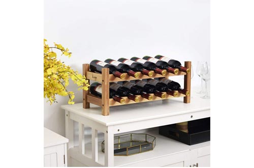 COSTWAY Wine Rack, Bamboo 12 Bottles 2-Tier Wine Display Rack for Countertop Home Kitchen Pantry