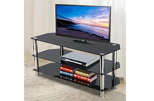 Topeakmart Glass TV Stand Chrome Legs Storage Shelves for Flat Screens