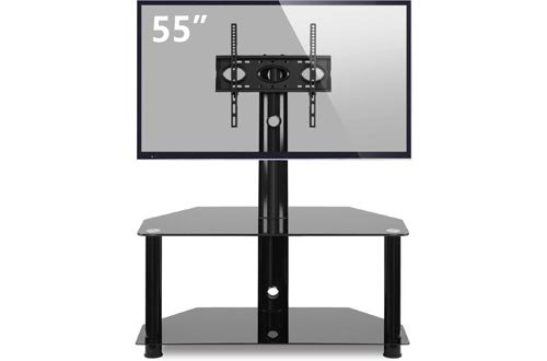 TAVR Glass Floor TV Stand with Swivel Mount and Height Adjustable for 32 37 42 47 50 55 inch Plasma Flat or Curved Screen TVs 2-Tier Tempered Glass Universal Media Storage Stand Black