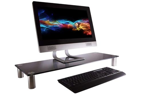 Monoprice Large Multimedia Desktop Stand - Black Glass (30.8 x 11in) Stand & Riser, Laptop Stand, Desktop TV Stand, Dual Monitors w/Height Adjustable Legs - Workstream Collection