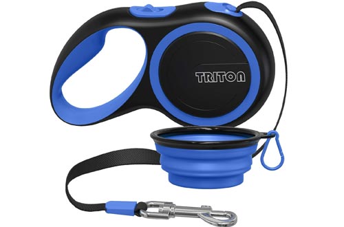 Triton Retractable Dog Leash - 16 ft Reinforced Nylon Ribbon with Collapsible Water Bowl, One Touch Locking System, Tangle-Free, Anti-Slip Rubberized Handle