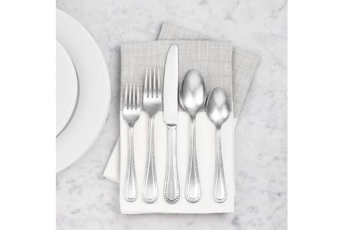 AmazonBasics 65-Piece Stainless Steel Flatware Silverware Set with Pearled Edge