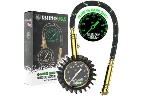 Rhino USA Heavy Duty Tire Pressure Gauge (0-75 PSI) - Certified ANSI B40.1 Accurate, Large 2 inch Easy Read Glow Dial, Premium Braided Hose, Solid Brass Hardware, Best for Any Car, Truck, Motorcycle